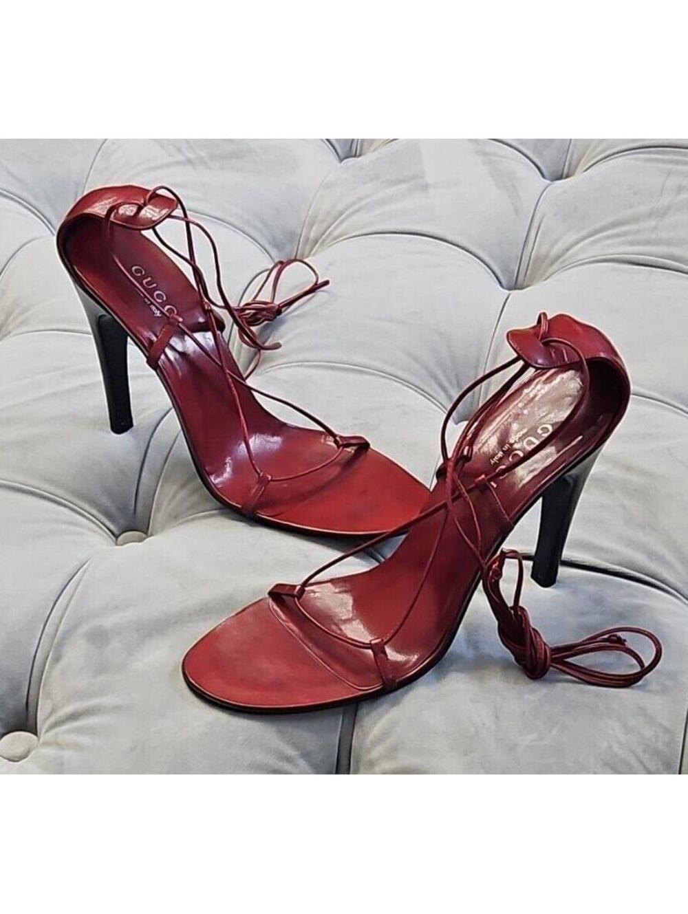 Gucci Dark Red Leather Lace Up Sandals Strappy Stilettos Womens Shoes Italy 10B